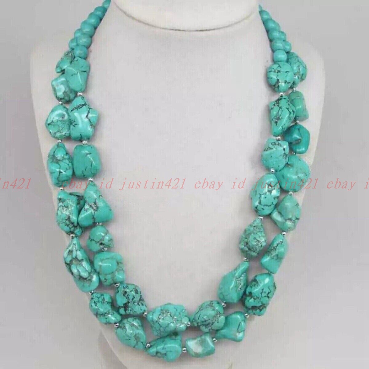 2 Strands Natural Turquoise Chunky Nugget Irregular Gems Necklace Earrings Set