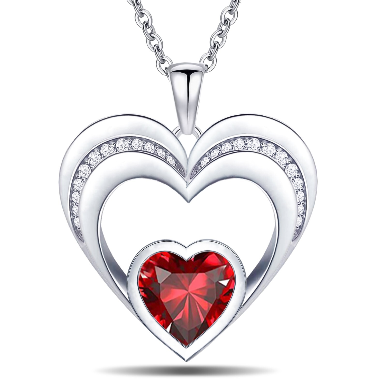 Women Necklace 14K White Gold Plated 5A CZ Double Heart Pendant Necklace
