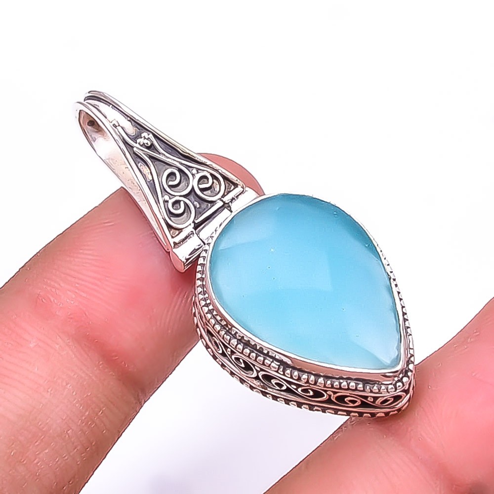 Chalcedony -Brazil Fine Art 925 Sterling Silver Pendant 1.76″ P01 Christmas Gift