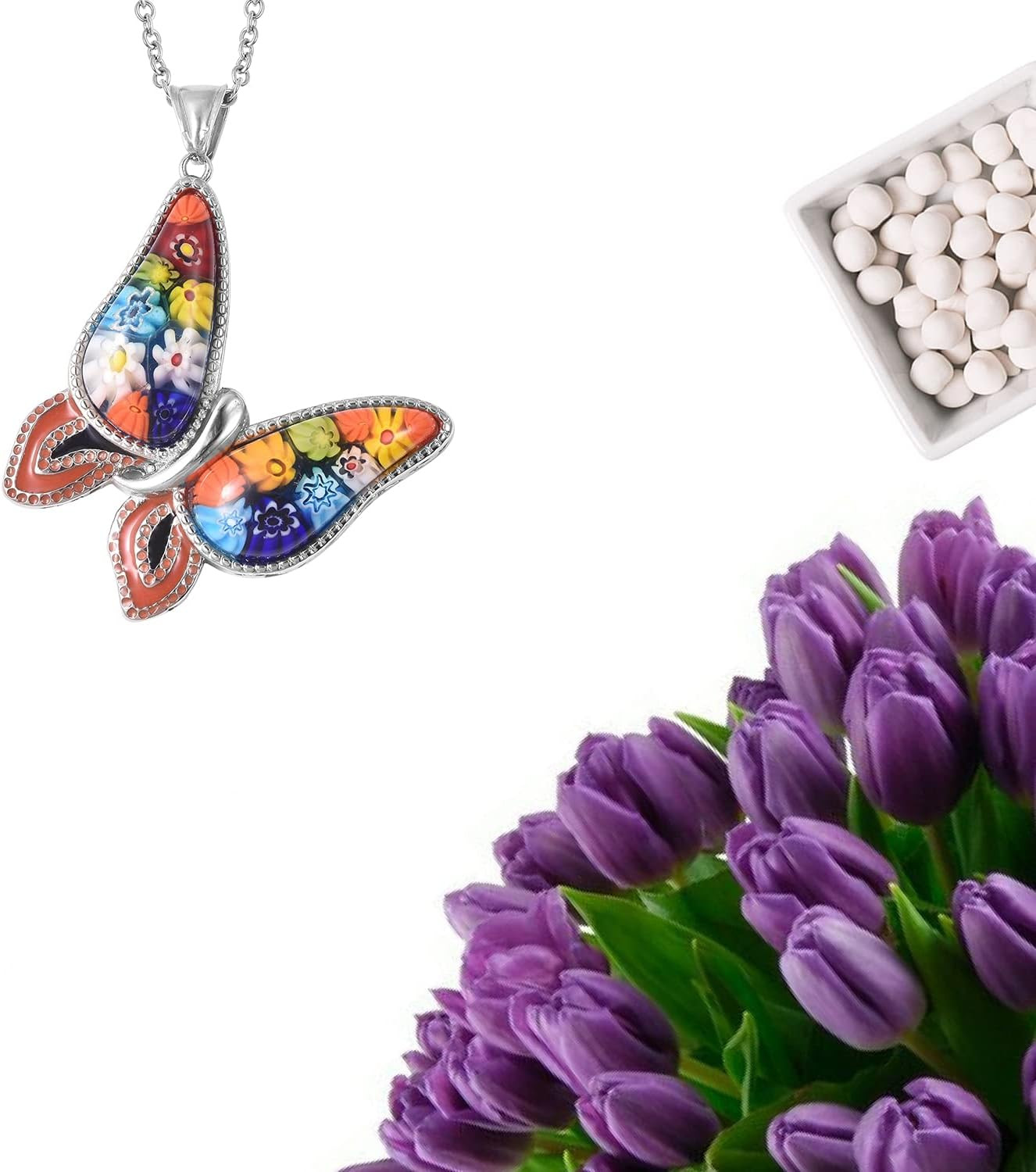 Murano Style Millefiori Glass Butterfly Necklaces for Women – Colorful Boho Neck