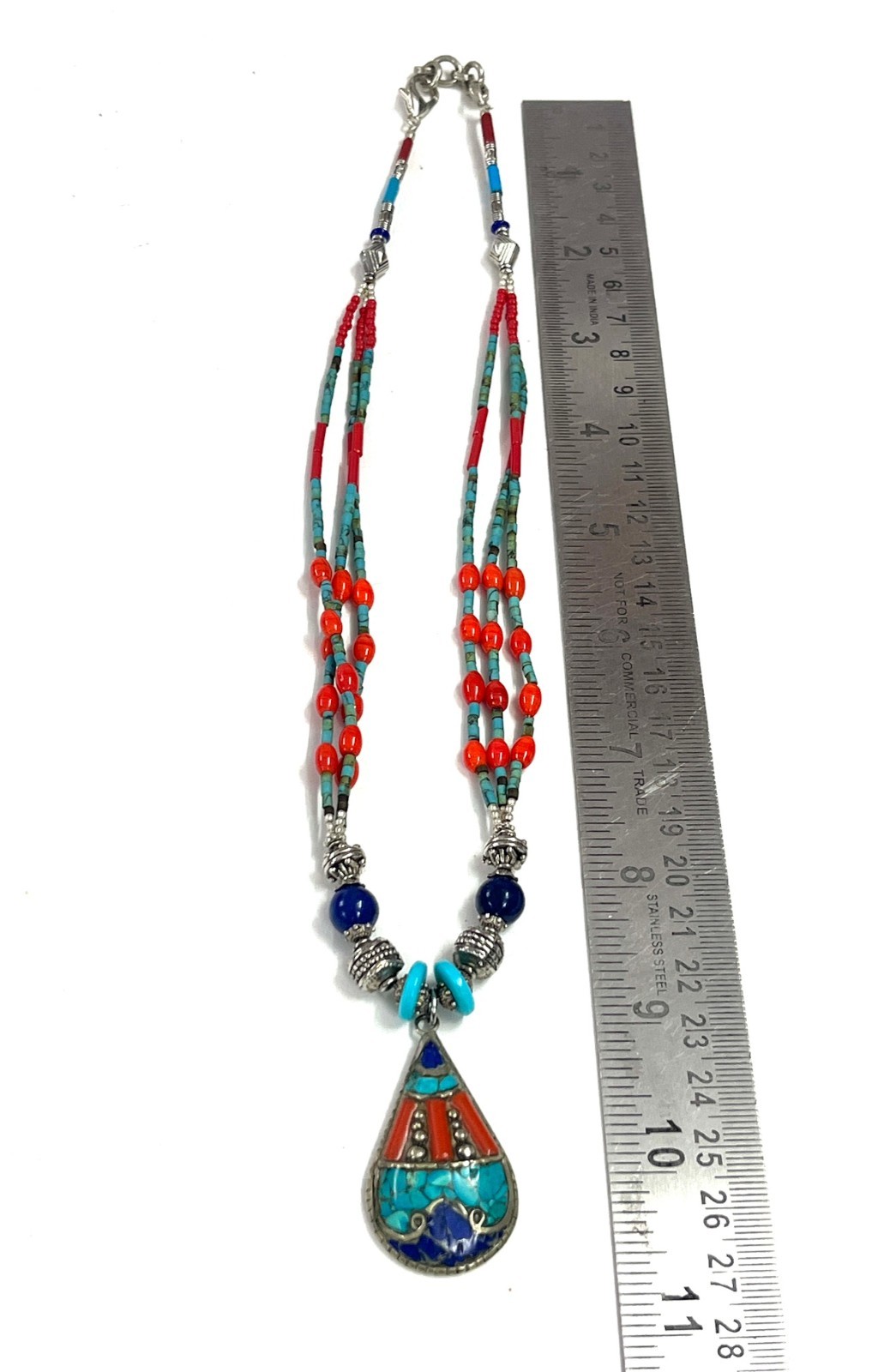 Antique Coral Turquoise Gemstone Tibetan Art Deco Necklace Jewelry, 18 inch Adju