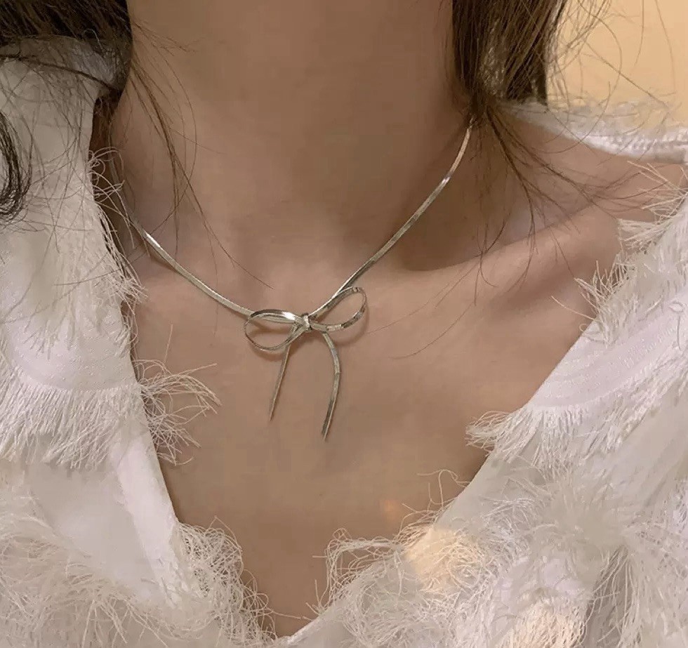 925 Silver Bow Necklace Snake Chain Choker Ribbon Pendant Necklace Coquette 054