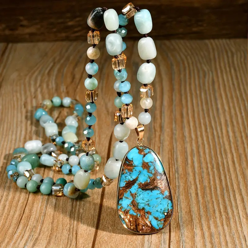 Boho Vintage Amazonite Bead Necklace Pendant Natural Stone Long Chain Women