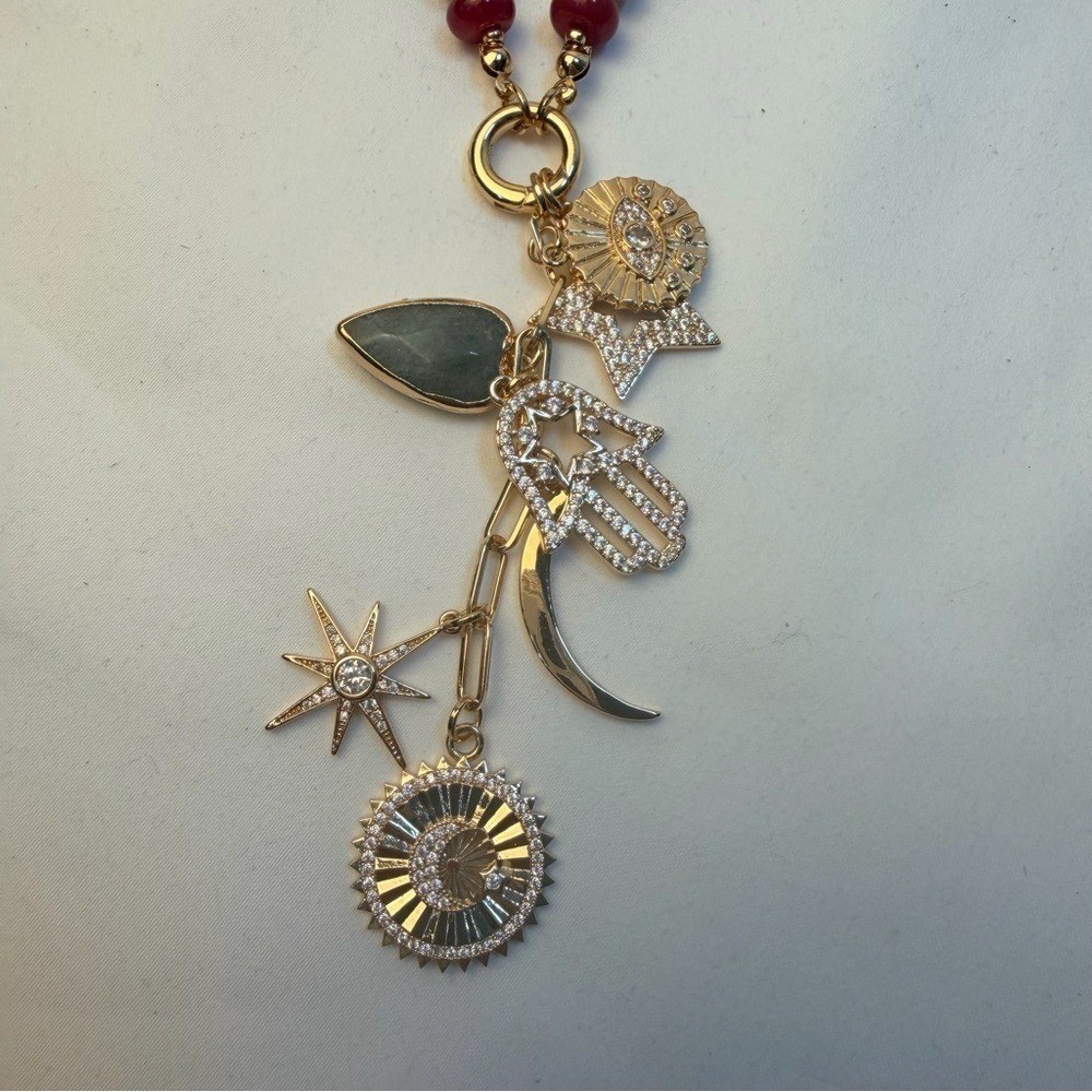 Boho Beaded Charm Necklace Gold Tone Hamsa Star Moon Evil Eye Celestial Gemstone