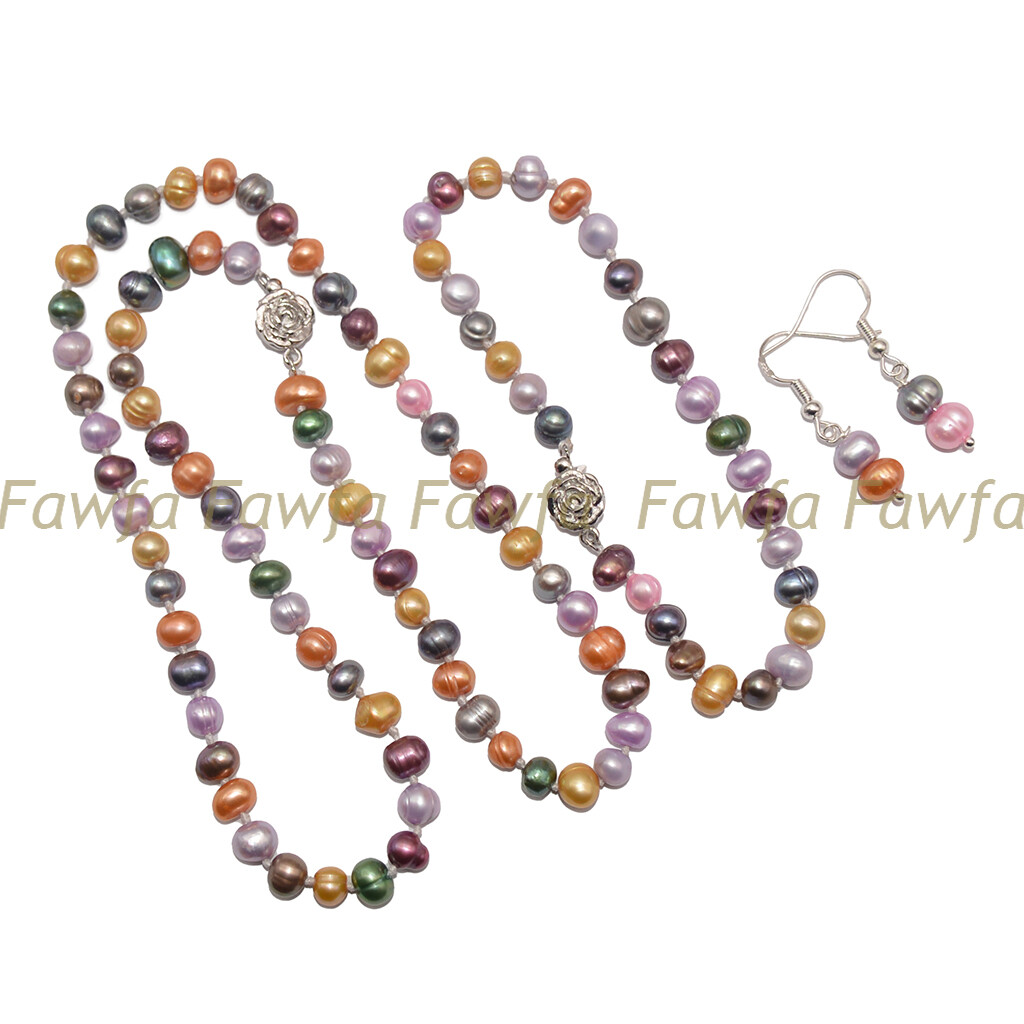Natural Multicolor 6-7mm Freshwater Pearl Necklace Bracelet Earrings Jewelry Set