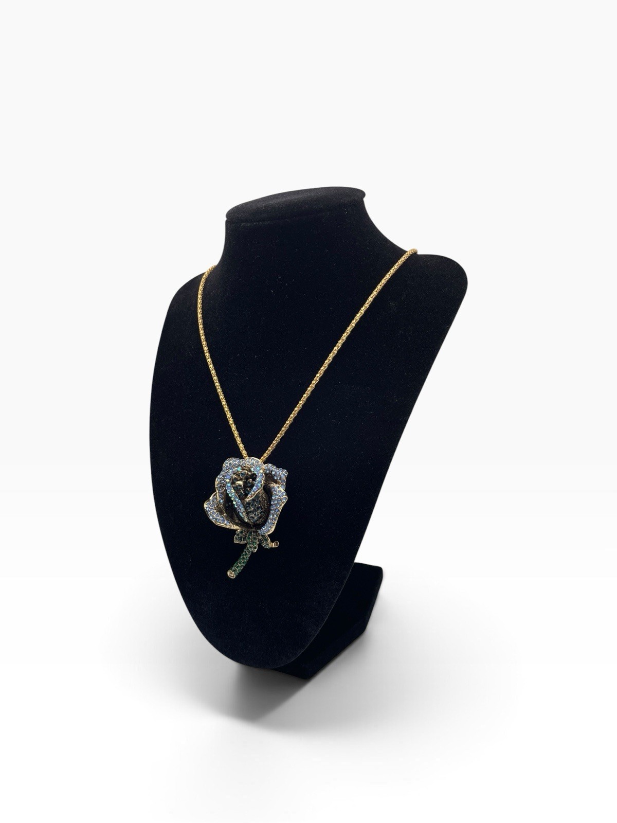 Betsey Johnson 3D Blue Rose Pendant Necklace Aurora Borealis Rhinestones