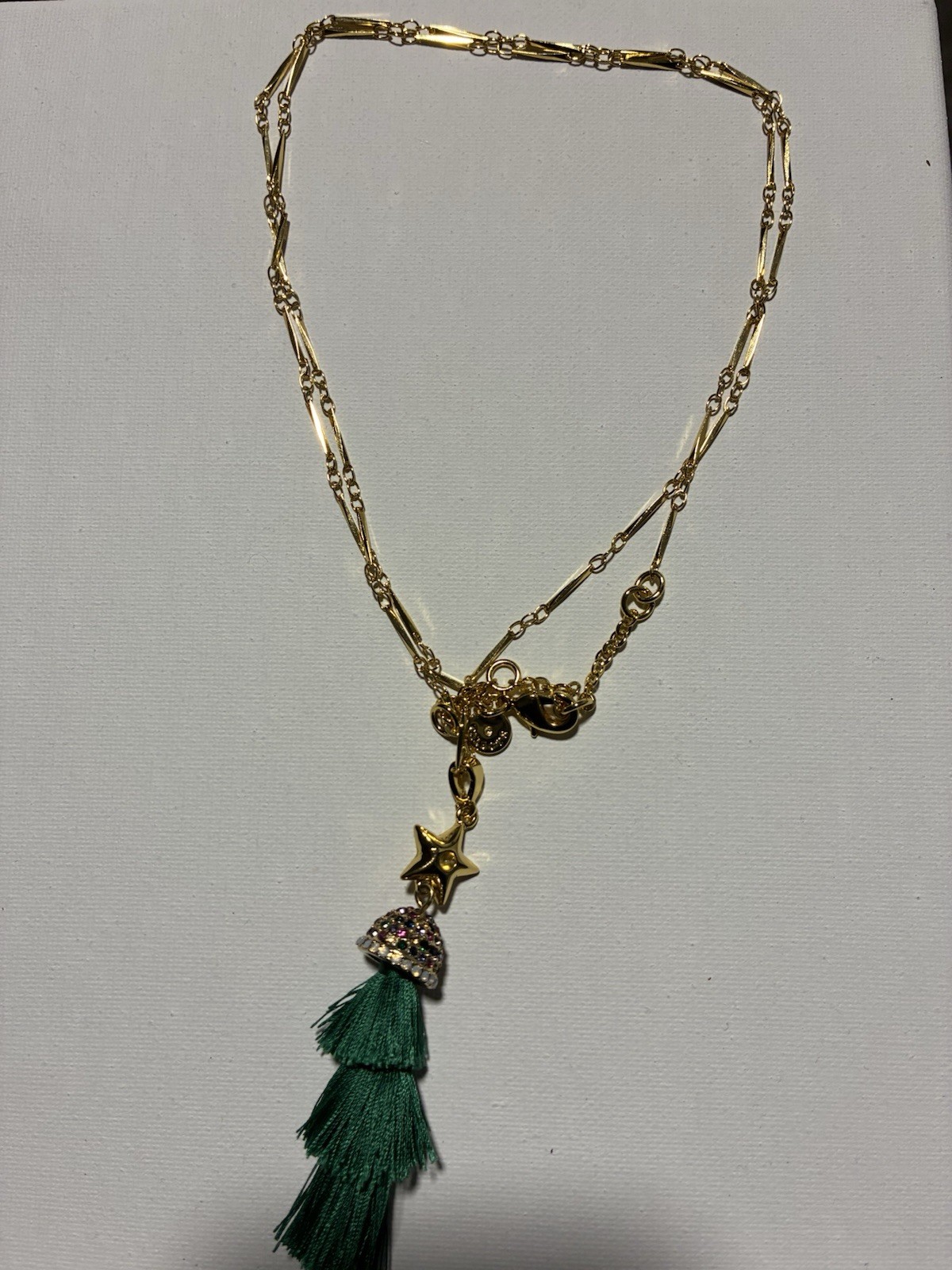 Gold-Tone Bar Link Chain Necklace Star Charm Green Tassel Pendant Lobster
