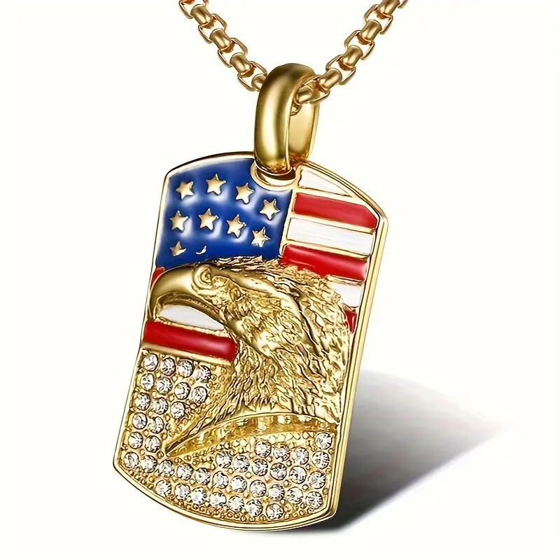 316L Stainless Steel American Eagle Dog Tag Pendant 3mm 24″ Rolo Chain Necklace