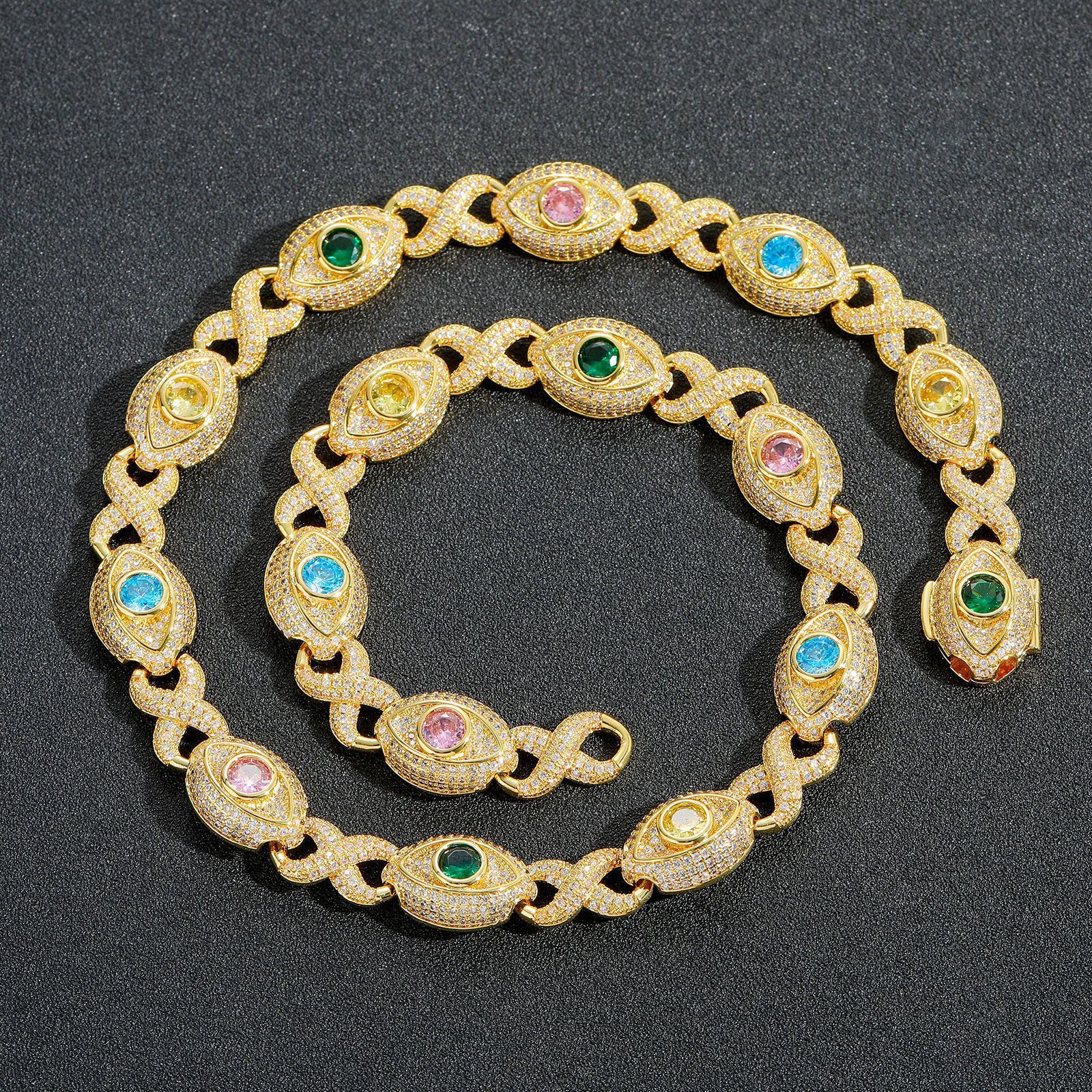Hip Hop Colorful Eye Cuban Chain Necklace Bracelets 5A Zircon Mens Jewelry