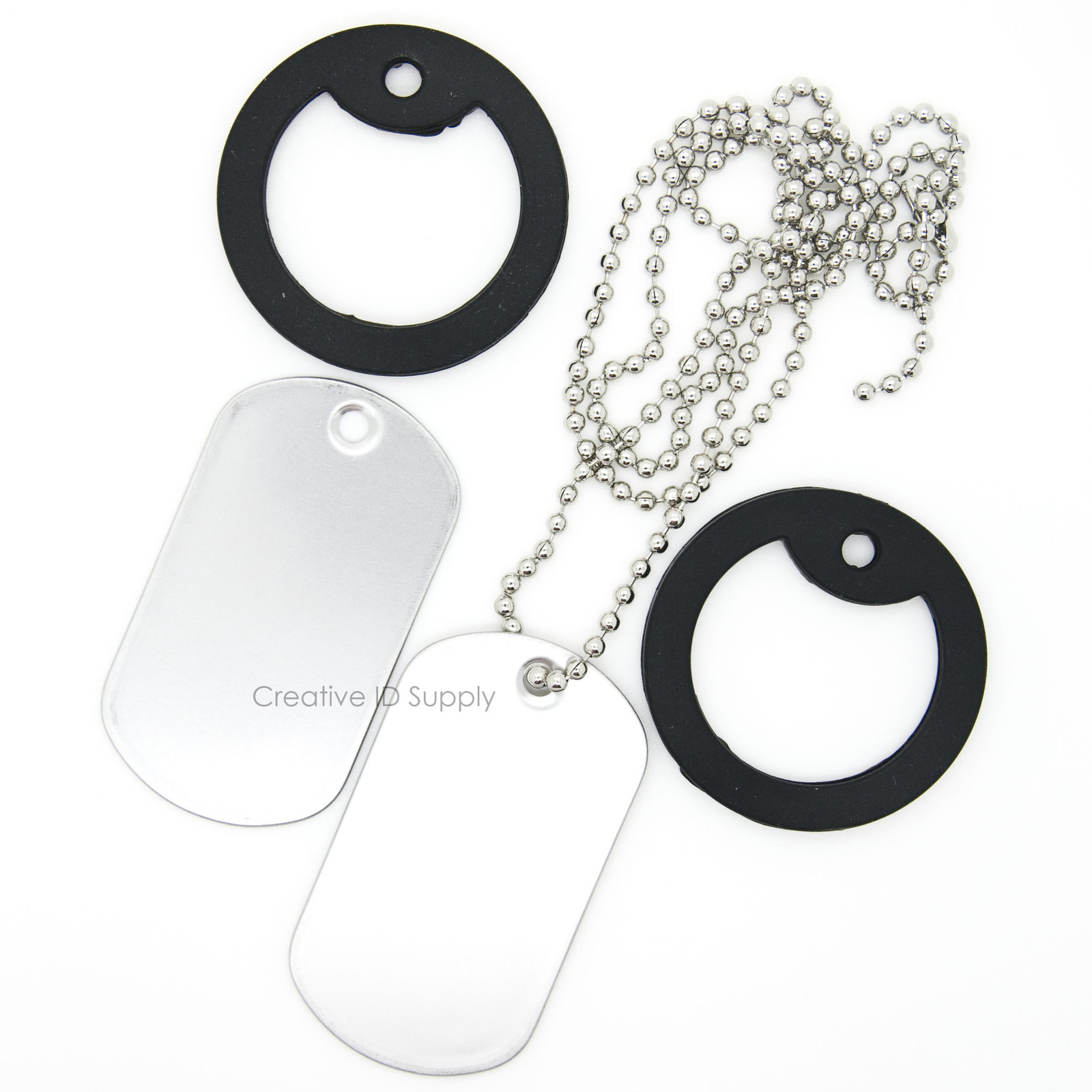 100pcs EACH STAINLESS STEEL DOG TAGS, BALL CHAIN NECKLACES, SILENCERS REPAIR KIT