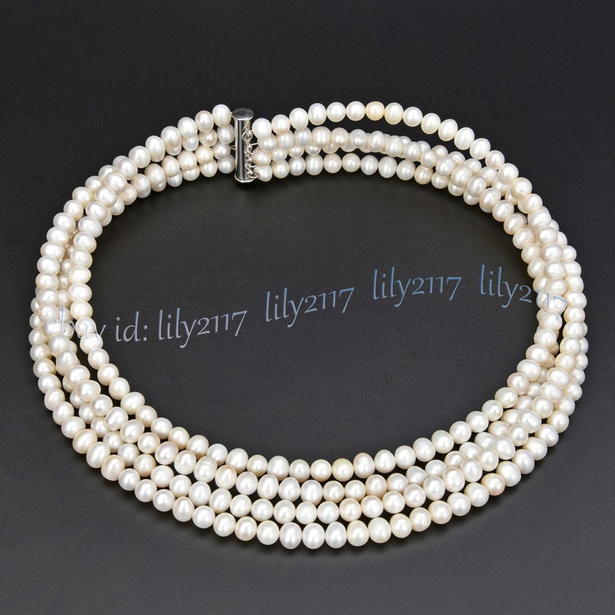 4 Rows Real Natural White Freshwater Pearl Beads Choker Necklace 16 inches 6-7mm