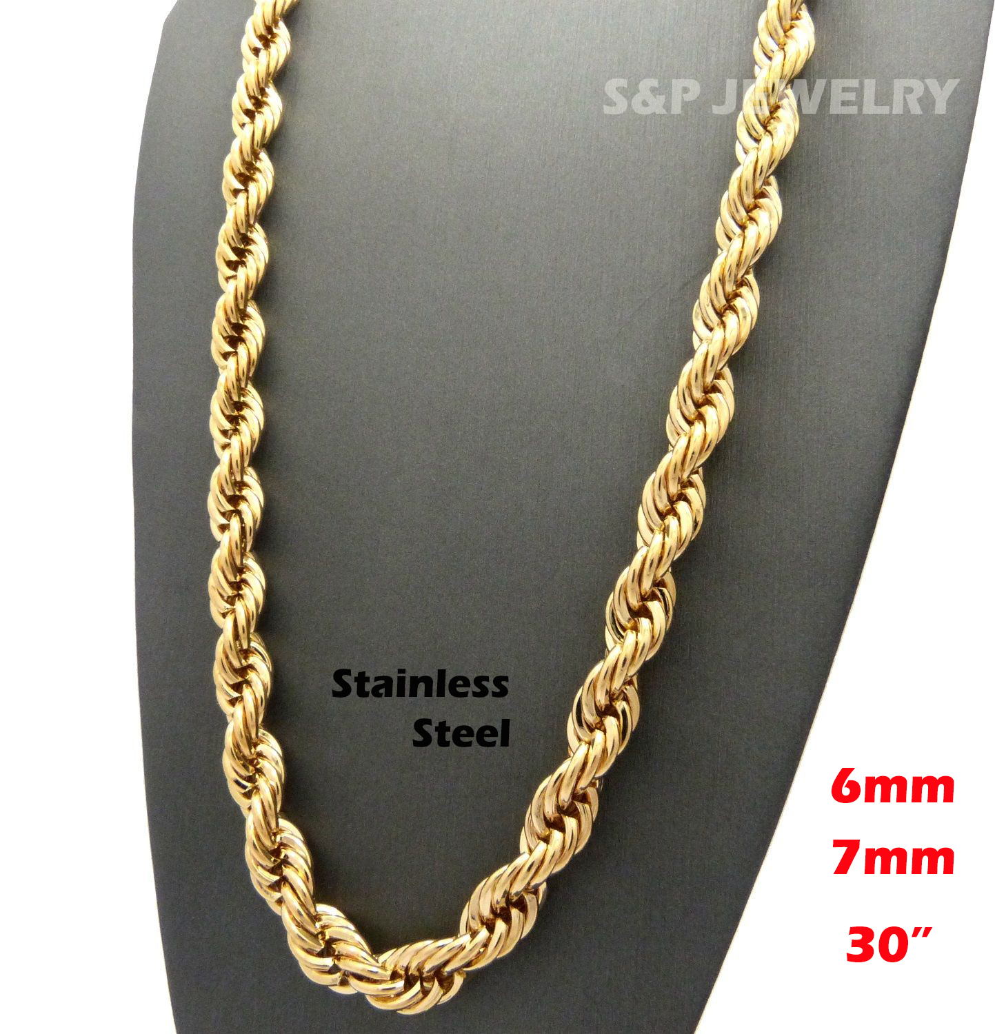 Celebrity Style Fashion Gold PT STAINLESS STEEL 6mm,7mm 30″ Rope Chain Necklace