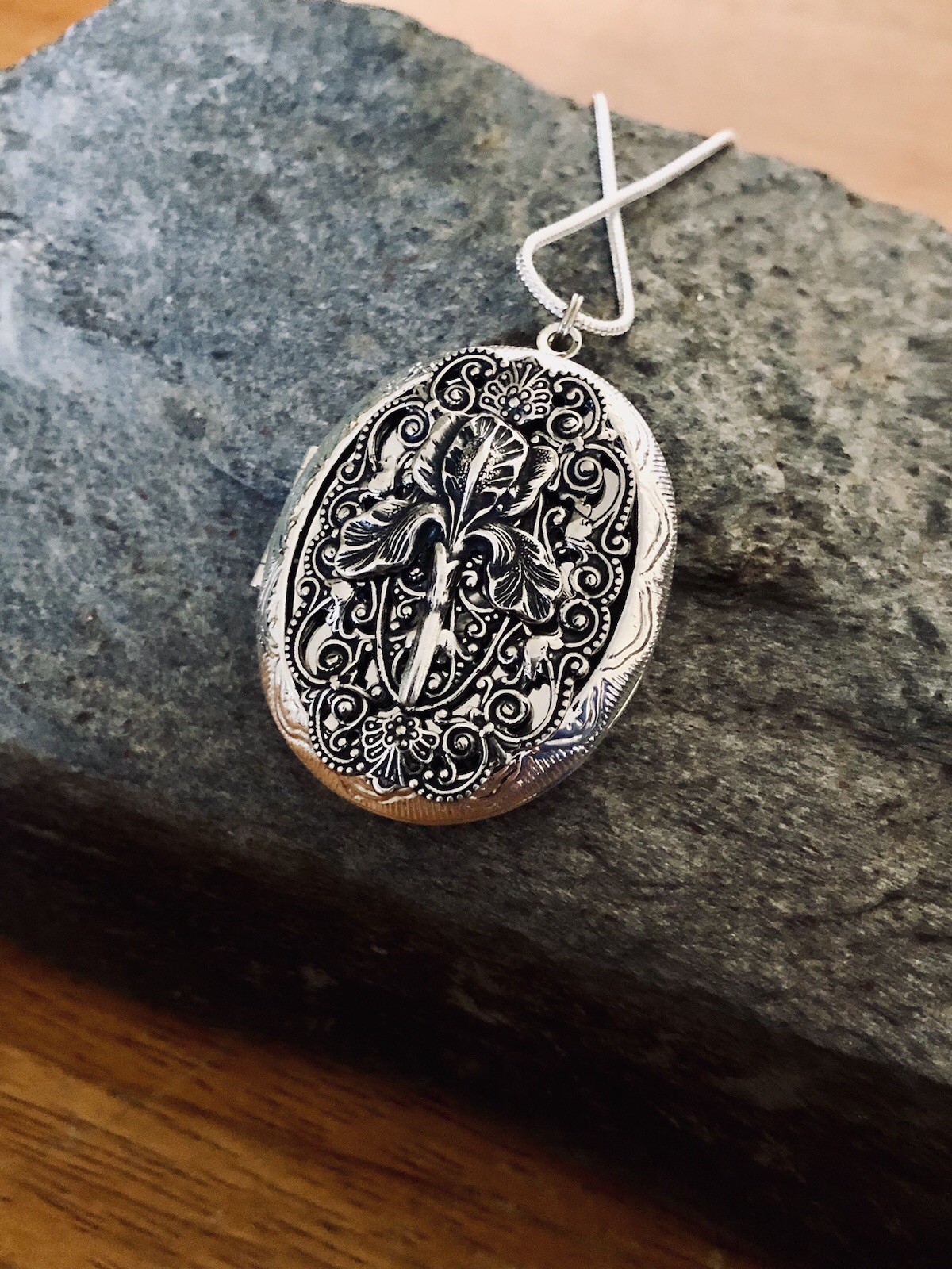 Iris Locket Necklace, Photo Memorial Keepsake Pendant, Sterling Silver Chain