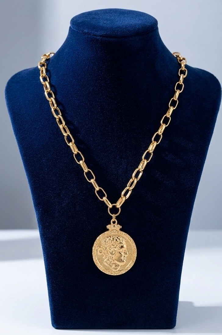 Chico’s Coin Gold Medallion Chain Necklace Greek Roman Statement Boho Portrait