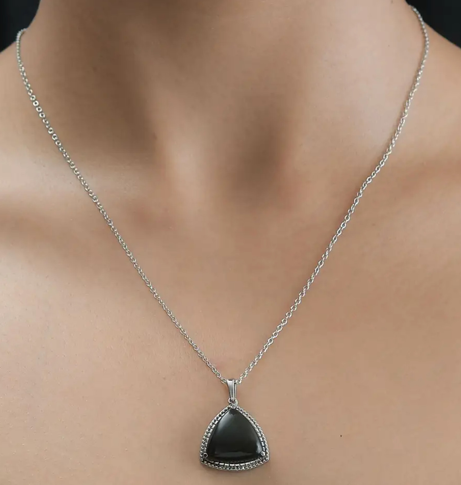 Natural Velvet Obsidian Trillion-Cut Pendant Necklace 20 In. in Stainless Steel