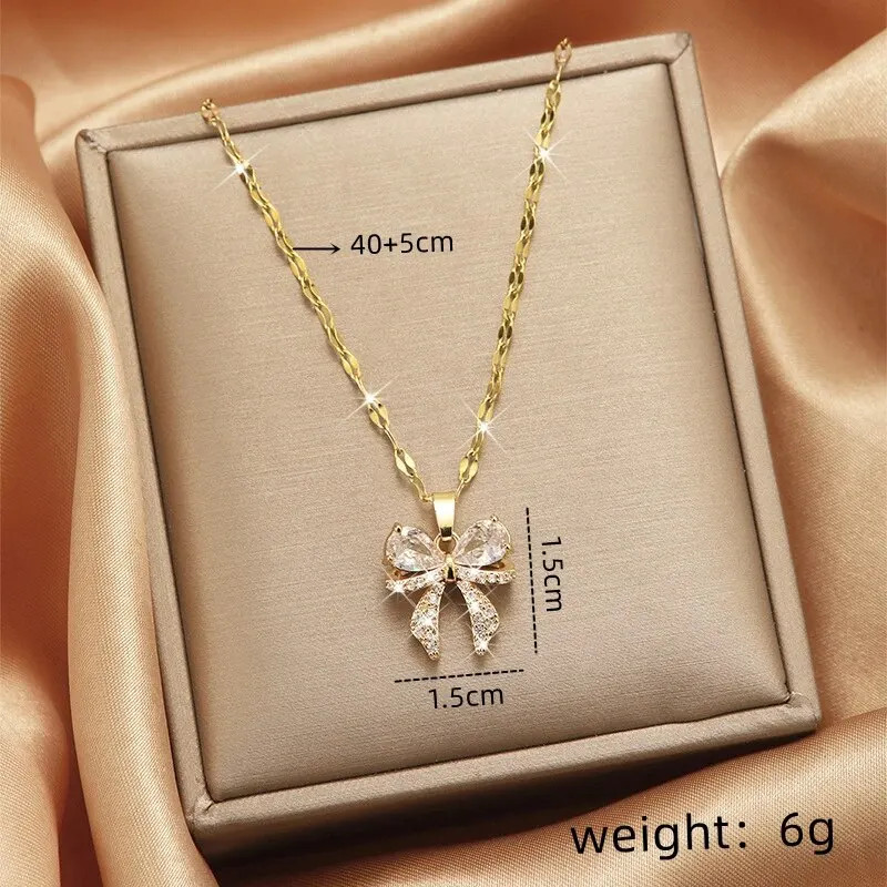 Gold Butterfly Zircon Pendant Titanium Steel Chain Simple Elegant Necklace