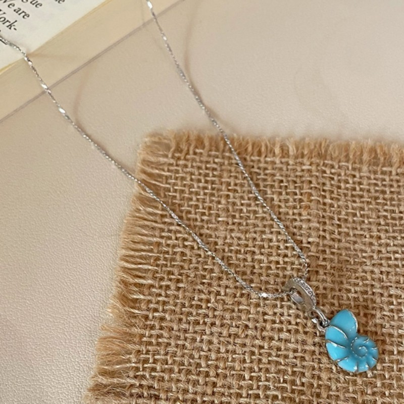 Pretty blue enamel conch pendant versatile silver plated Y-Drop necklace
