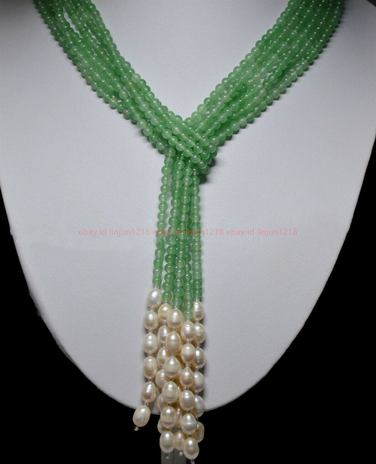AAA 50″ Beautiful 3 Strands Natural 4mm Green Jade Freshwater Pearl Necklace