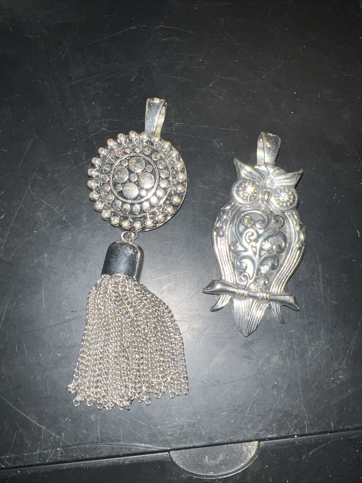 Lot Of 2 RMN Roman SILVERTONE Pendants Owl Tassel Medallion