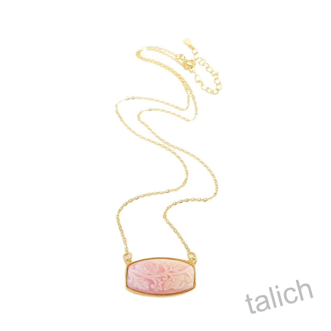 18K Gold Over Sterling Silver Pink Conch Shell Floral Cameo Bar Pendant Necklace