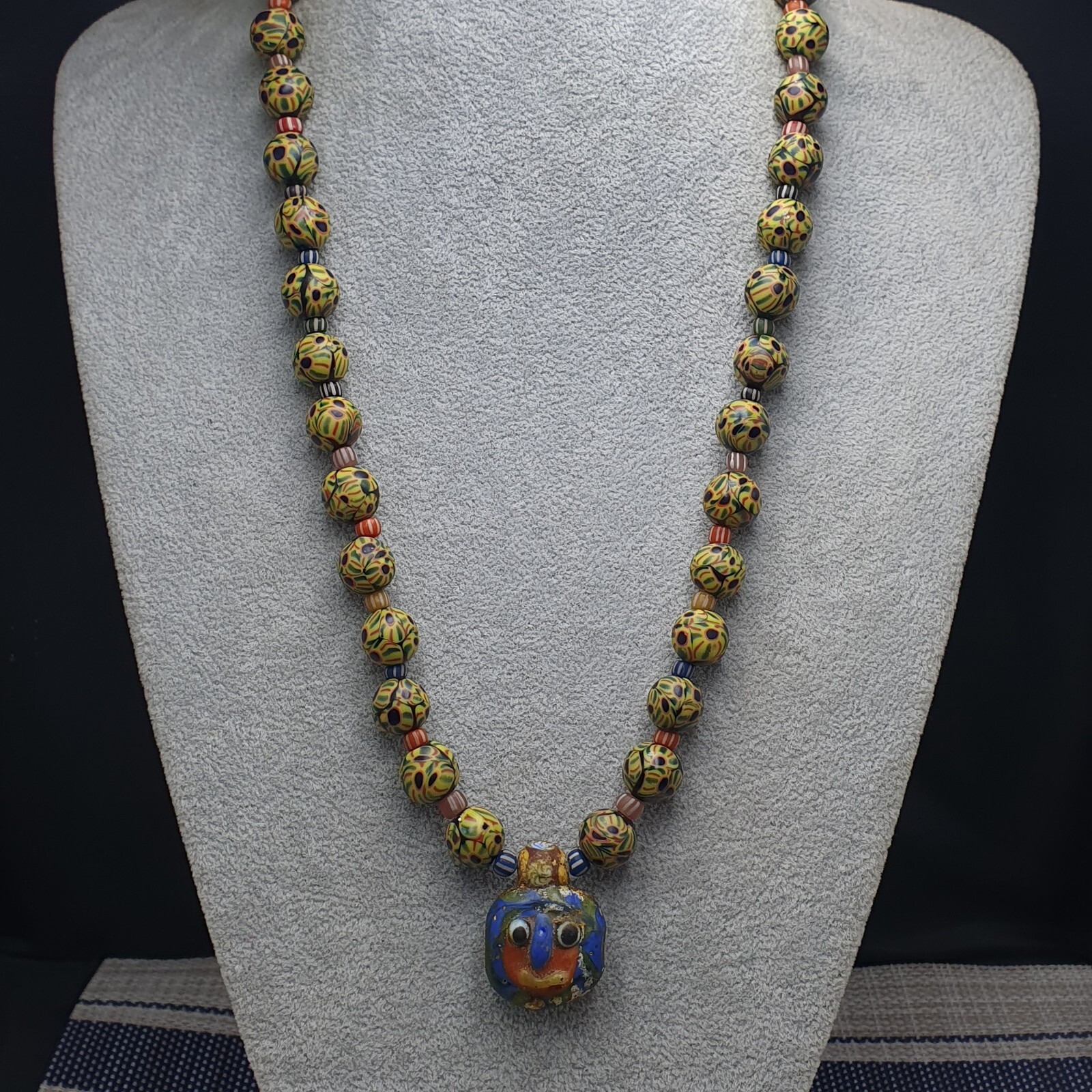 Stunning Vintage Venetian Style Eyes Glass With Old Face Glass Pendant Necklace