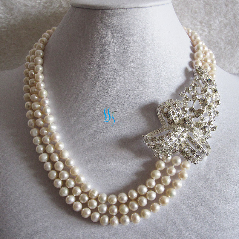 18-20″ 5-7mm 3Row Freshwater Pearl Necklace X3200 Wedding Necklace——MORE COLORS