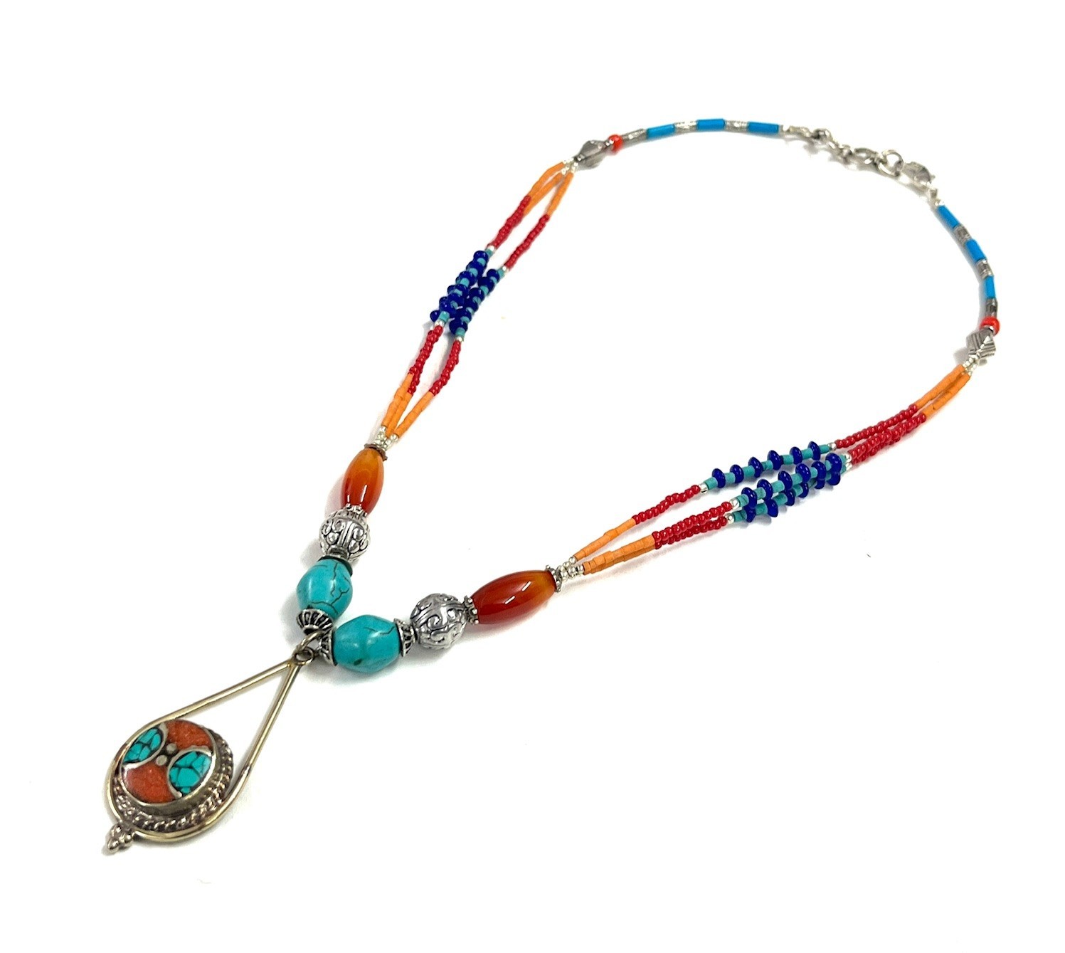 Carnelian Turquoise Coral Gemstone Tibetan Boho Necklace Jewelry, 18 Inc Adjs