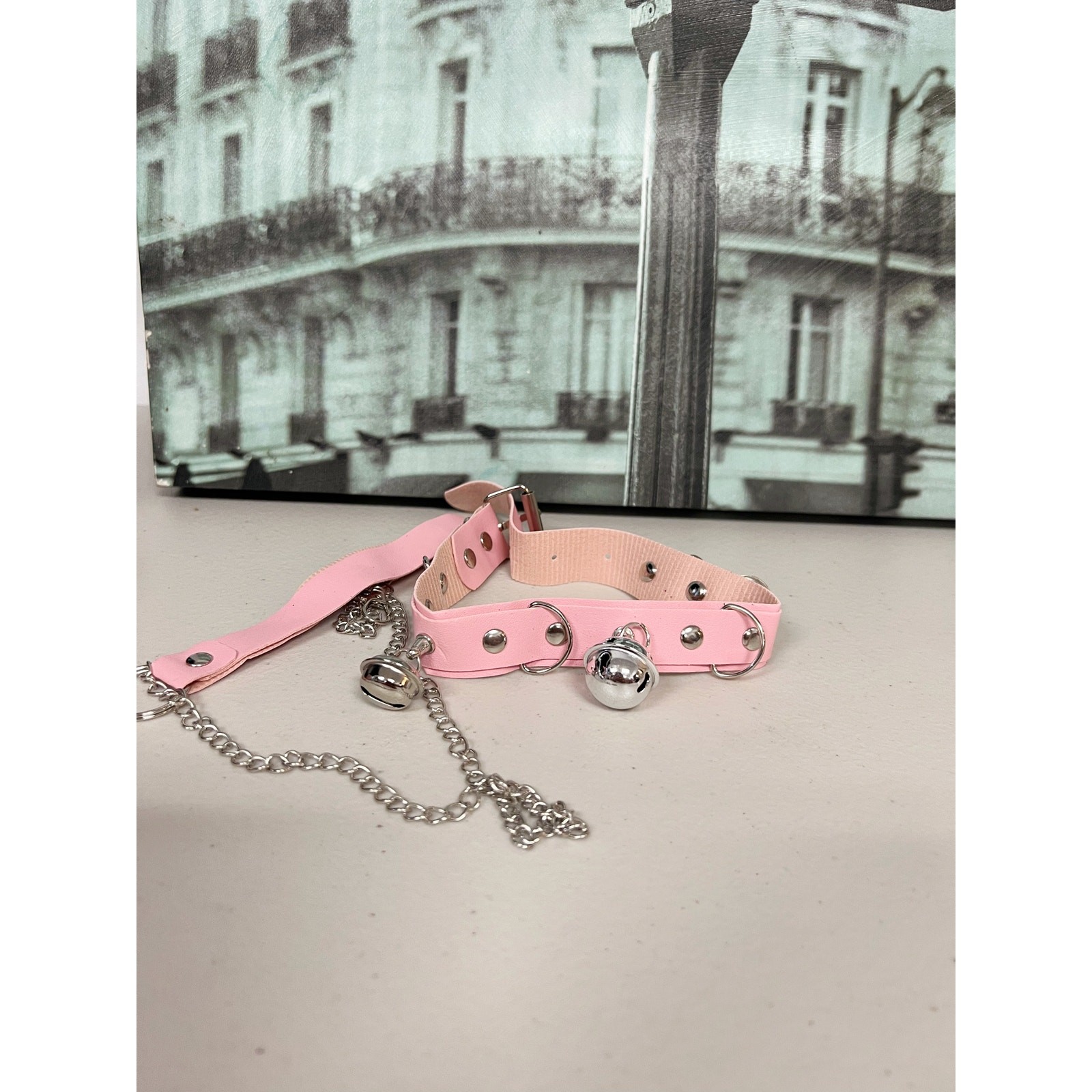 Gothic Faux Leather Choker Set with Detachable Chain Leash and Bell