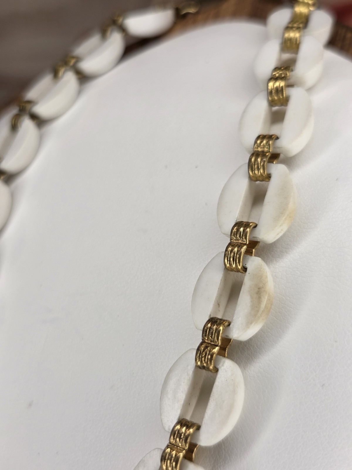 White Acrylic Oval Beaded Necklace, Gold Tone Spacers, Cable Chain, Adjustable