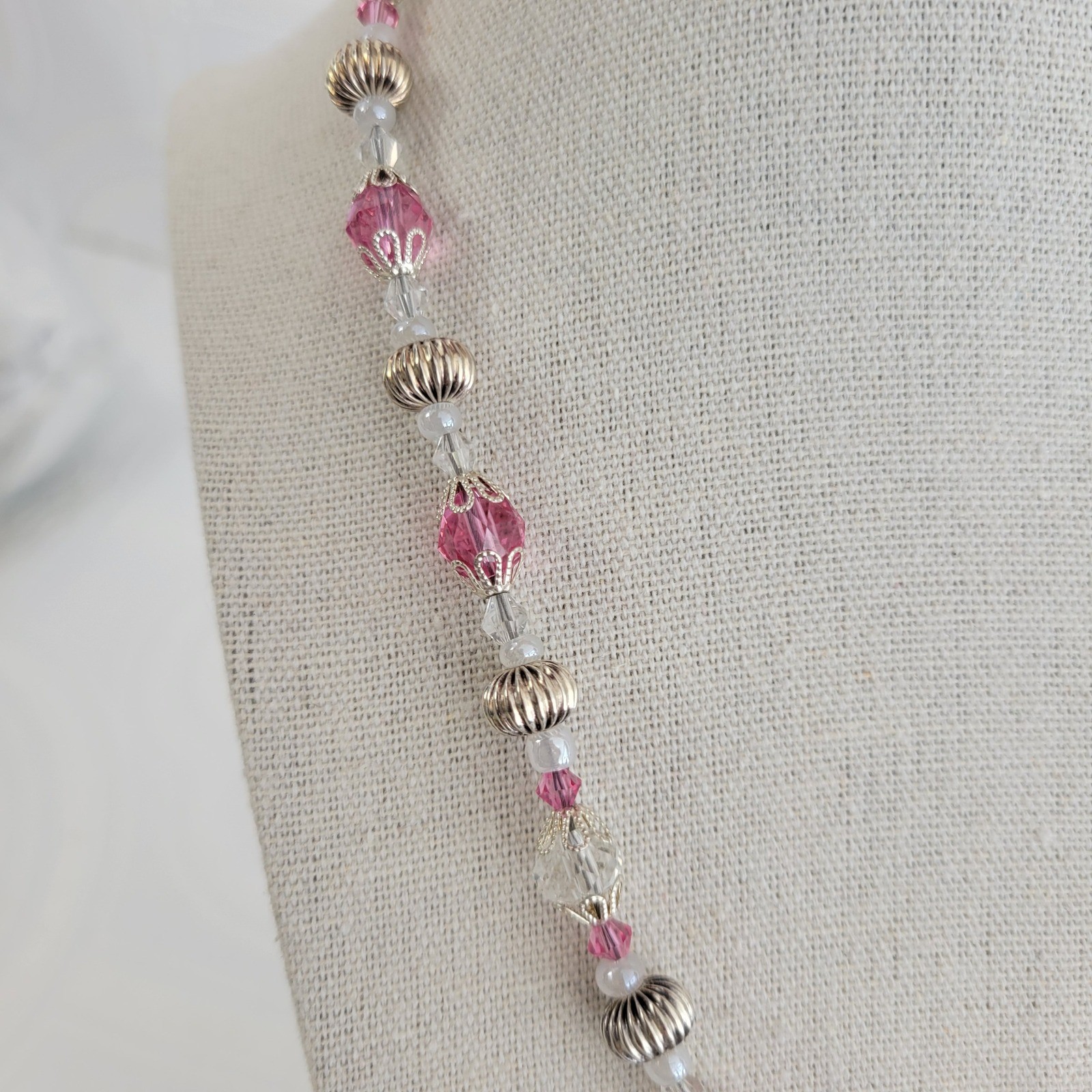 Lampwork Beaded Necklace Pink Crystal Floral Silver Tone Magnetic Clasp 18 Inch
