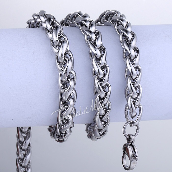 8mm Mens Chain Stainless Steel Braided Wheat Link Necklace Silver Jewelry 18-24″