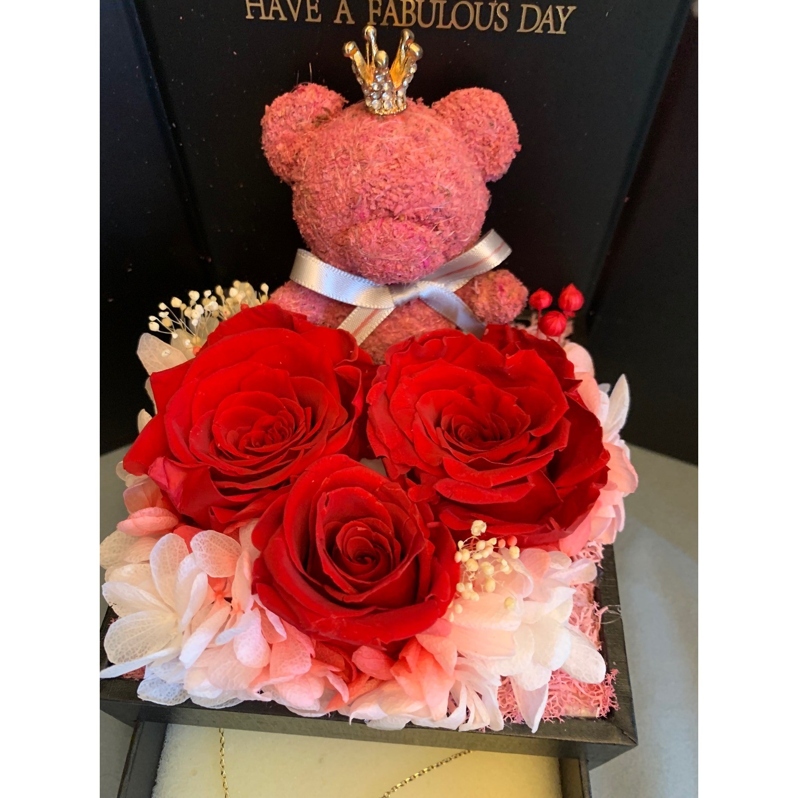 ADDwel Preserved Red Rose Gift Box with Necklace Gold Tone Bear Crown