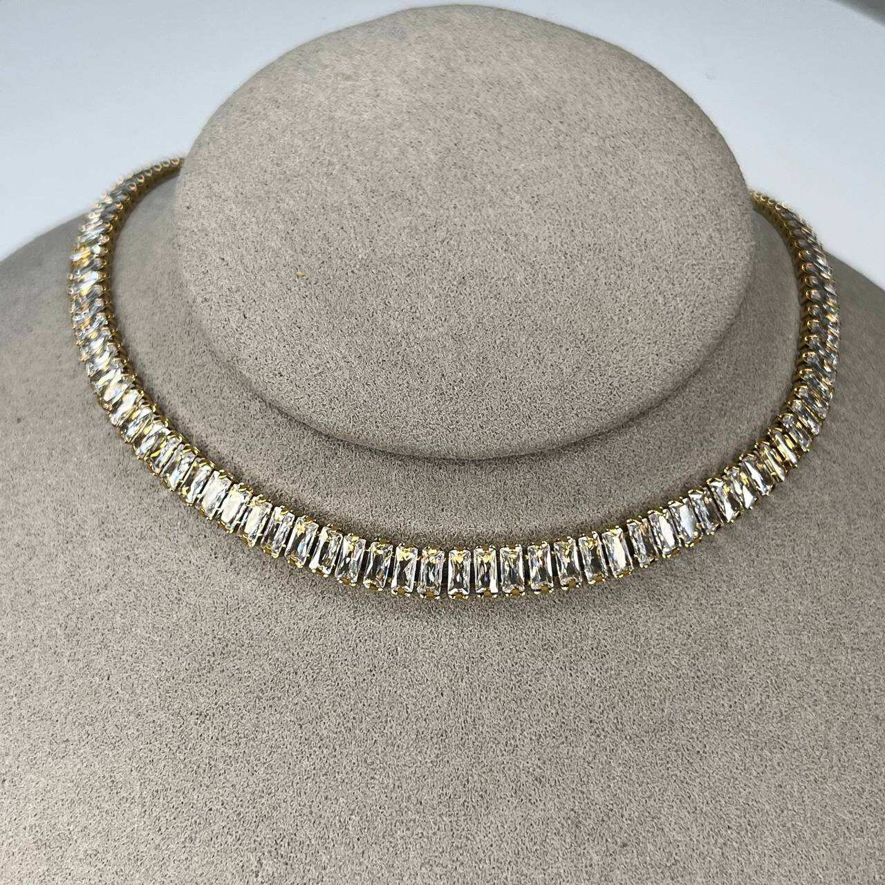 Gold Baguette Tennis Necklace Gold Stainless Steel Crystal Choker Necklace