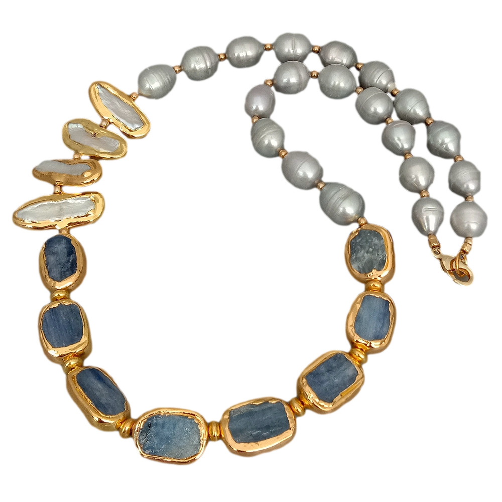 Freshwater Cultured Gray Rice Pearl White Biwa Pearl Blue Kyanite Necklace 23″