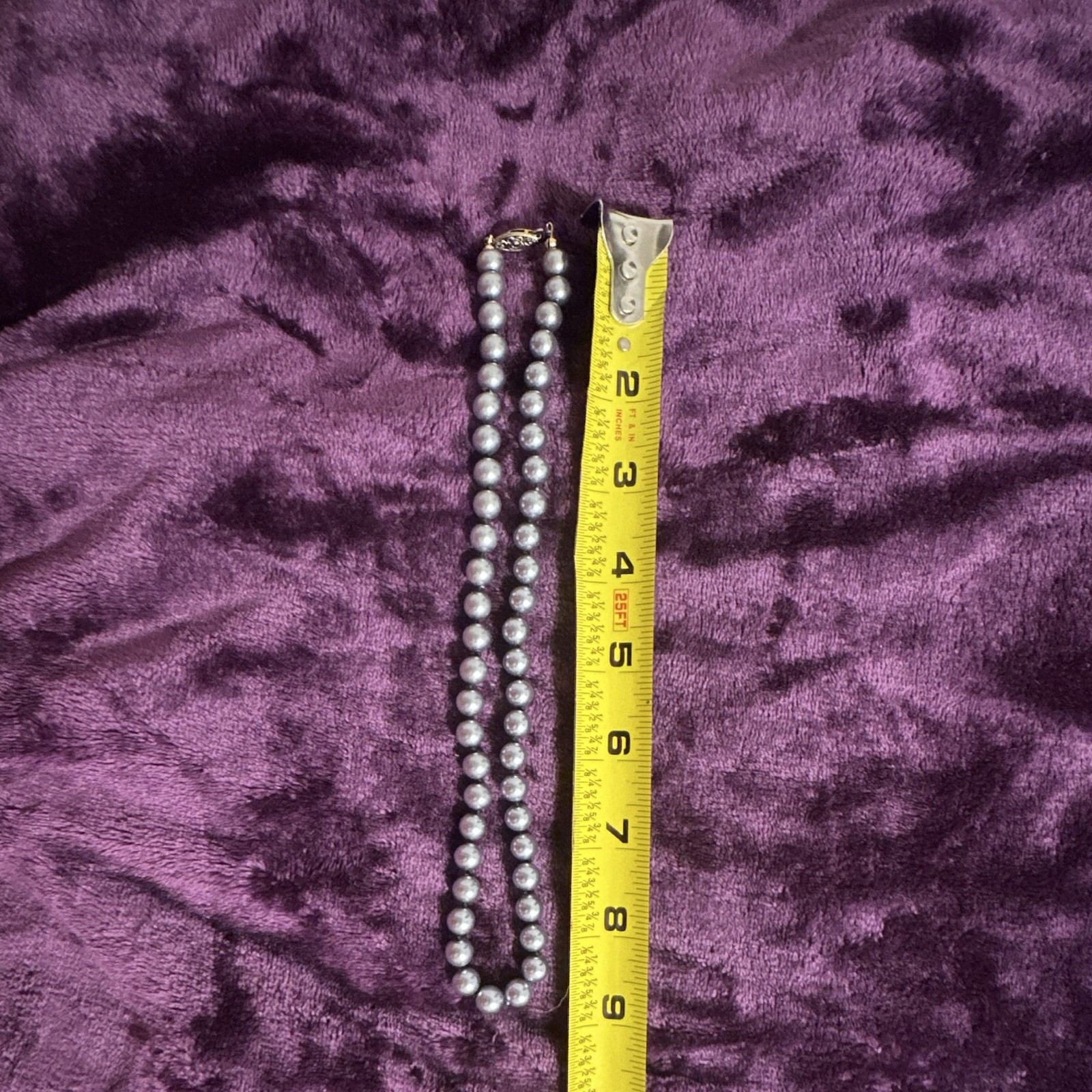 Vintage 1980s Gray Simulated Pearl Beaded Strand Necklace with Oval Charm Clasp