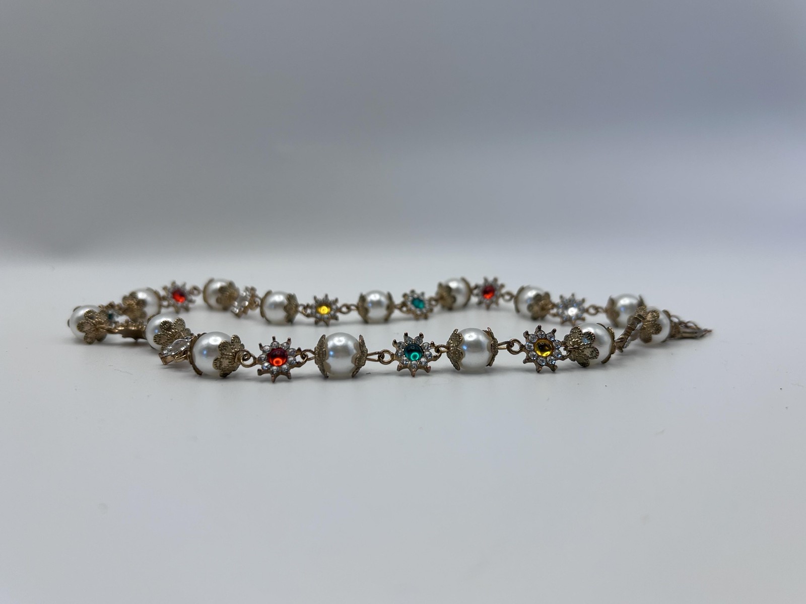 Necklace Gold Tone Multicolor Rhinestone Imitation Pearl Beaded Statement 19 In