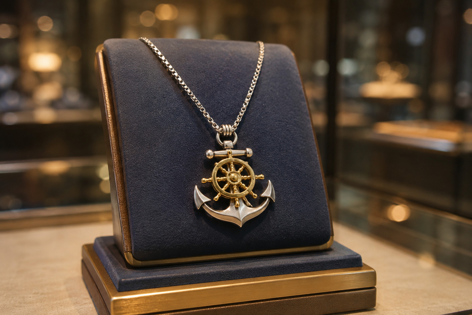 Anchor Ship Wheel Pendant Necklace 24″ Chain Silver Gold Nautical Maritime