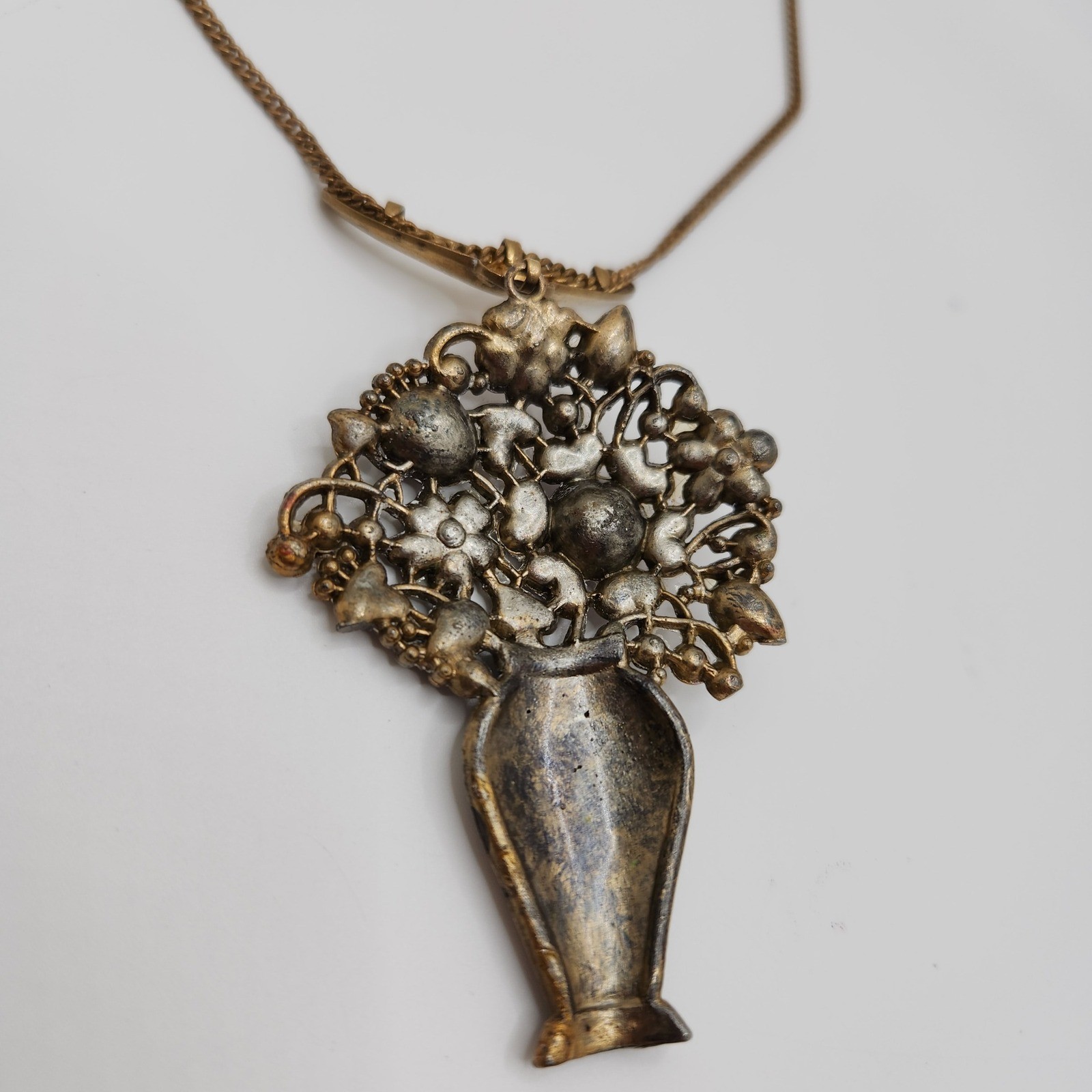 Vintage Floral Vase Pendant Necklace Purple Rhinestone Victorian Revival Gold