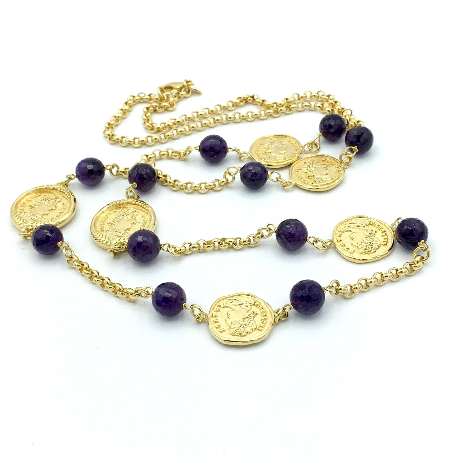 BRONZALLURE faux coin necklace – amethyst bead gold-plated station Italy 35″