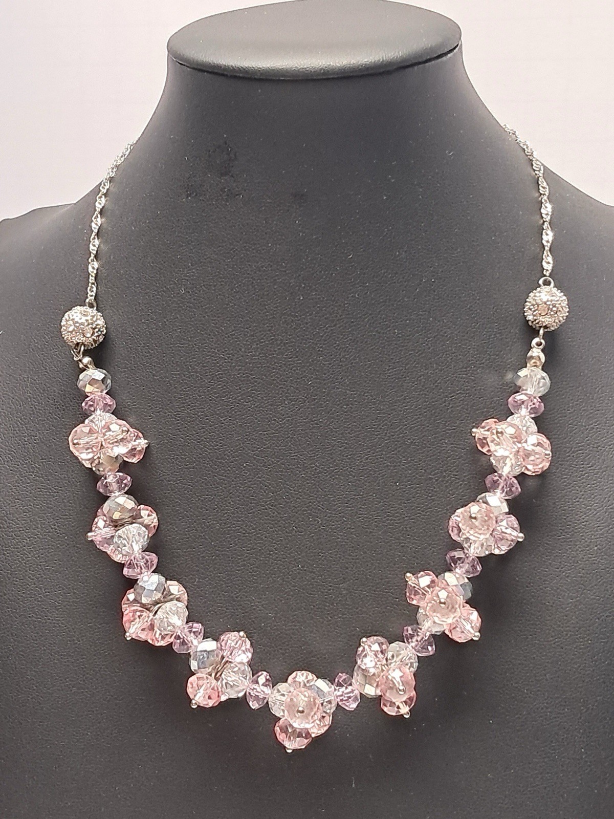 Signed NY Pink Crystal Beaded Statement Necklace Silver Tone Adjustable