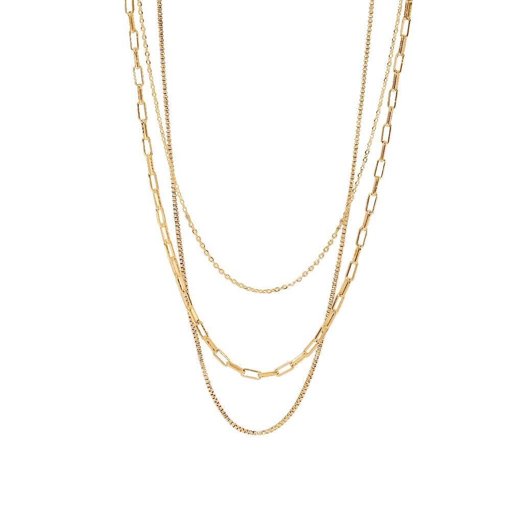 Woman 18K Gold Plated 3 Layer Paper Clip Box Chain Necklace Rolo Link