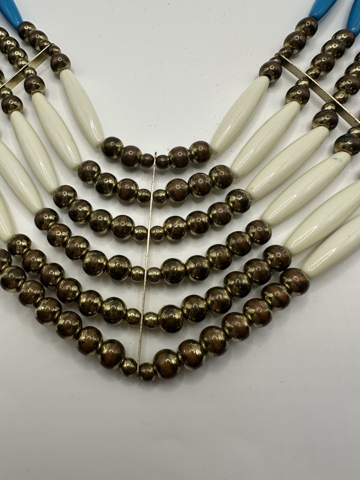 Gold Tone Pink And White Beaded Multi Strand Boho Native Style Necklace 24”