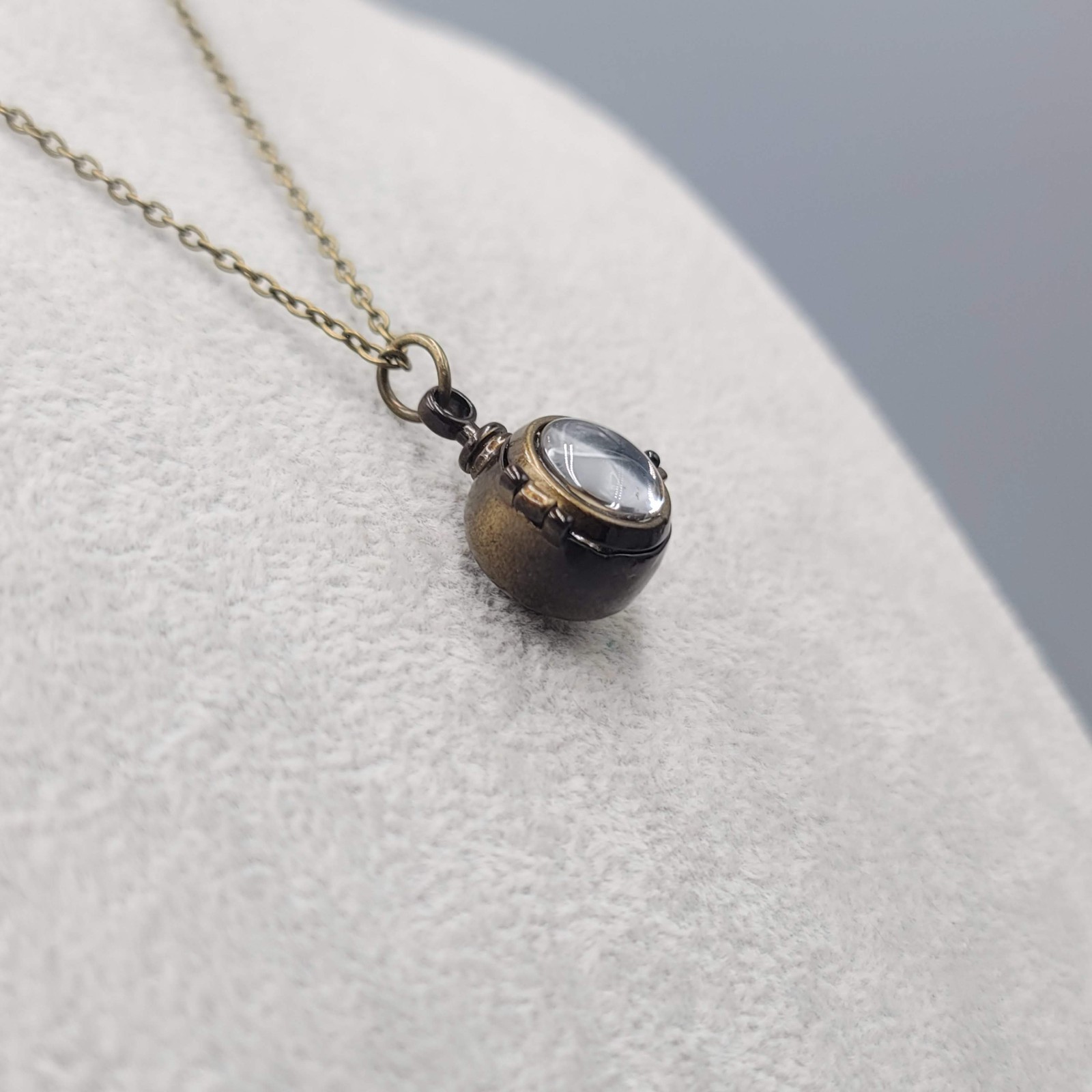 Glass Bubble Locket Charm Cage Pendant Necklace Bronze tone Chain 20″