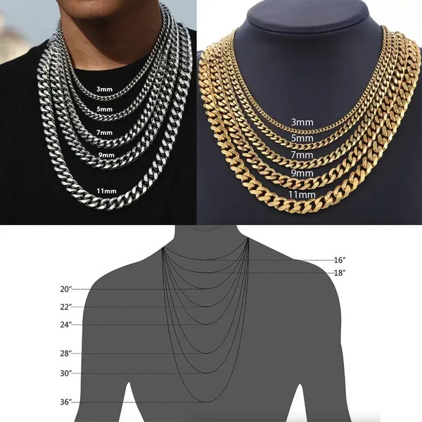 Stainless Steel Cuban Link Chain Necklace – Gold – Multiple Length & Width Optio