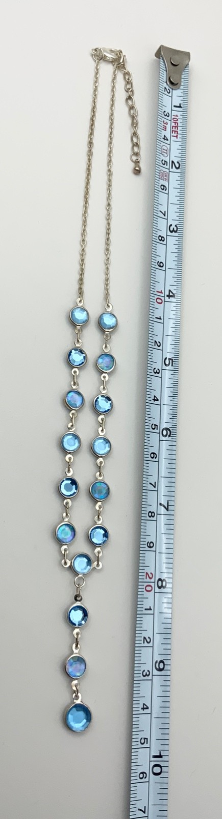 Vintage Blue Bezel Lariat Necklace Silver Tone Metal Glass 18cms