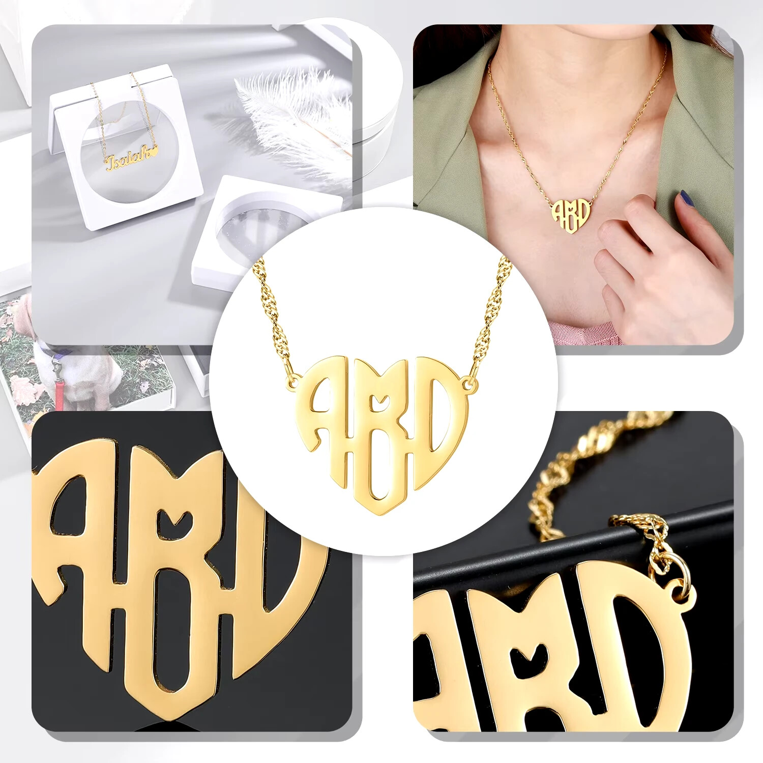 Personalized Custom Heart Monogram Necklace Name Initials Jewelry Pendant Women