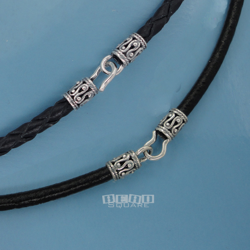 Antiqued Sterling Silver Round Genuine Leather Cord Necklace, Hook/Lobster Clasp