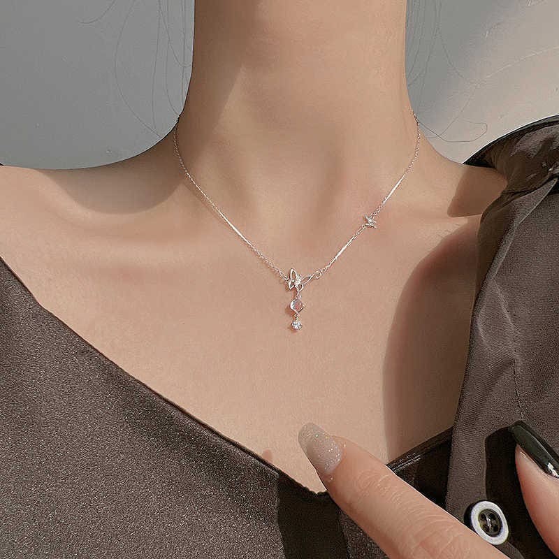 Silver Butterfly Necklace with Zircon Pendant for Women