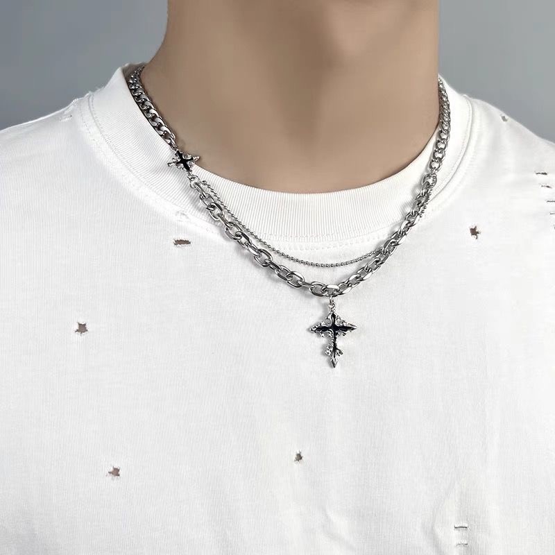 Double Layer Flame Cross Necklace Silver Black Unisex Y2K Mixed Chain Pendant
