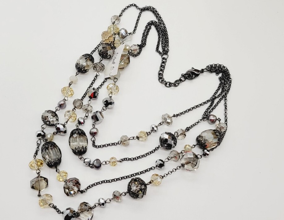 Black & Grey Beaded Multi Chain Layered NECKLACE Rocker 21″